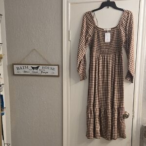 Lucky Brand Brown and Beige Plaid Smocked Midi Dress